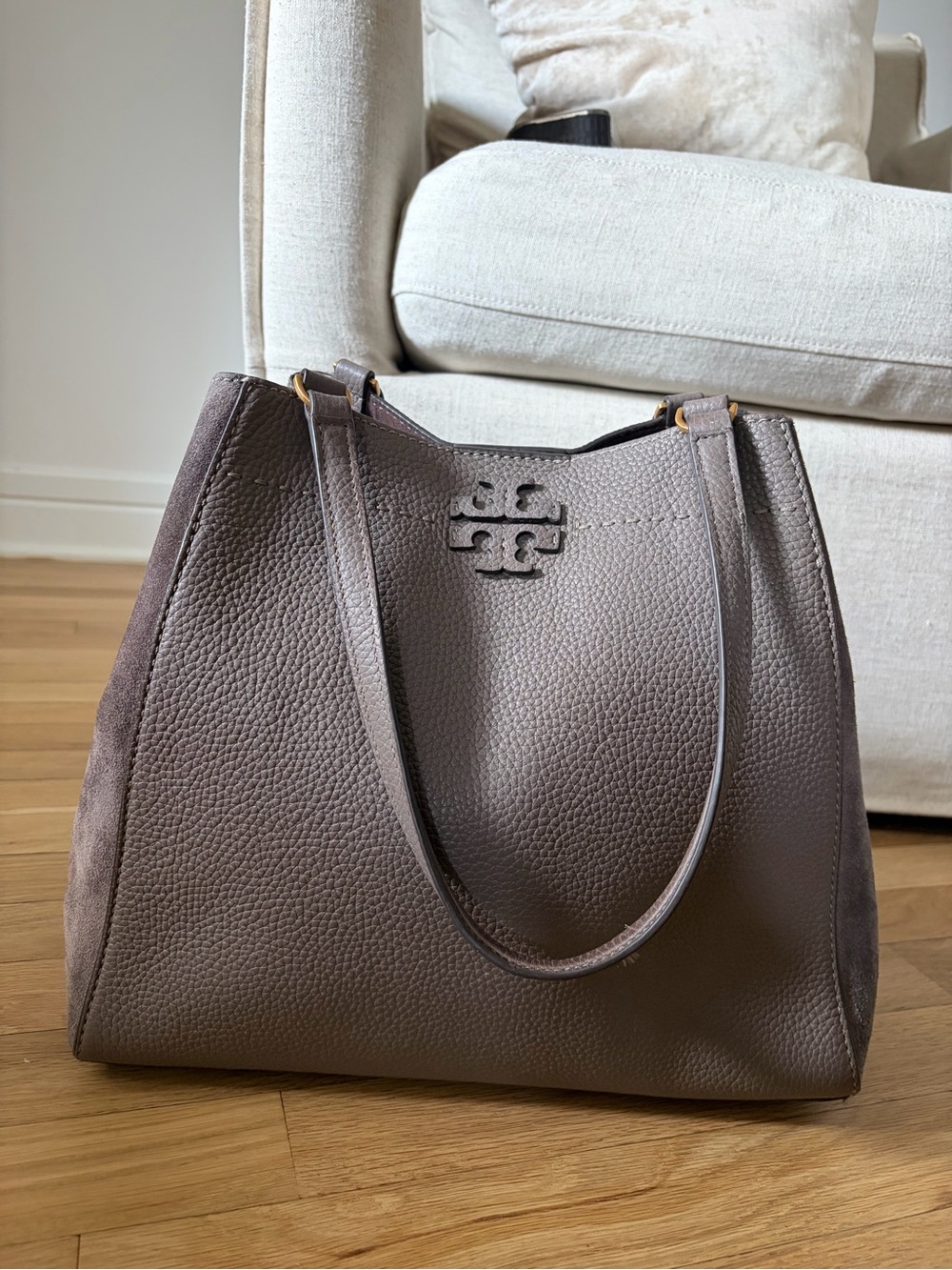 Tory Burch Taupe Pebbled Leather Shoulder Bag